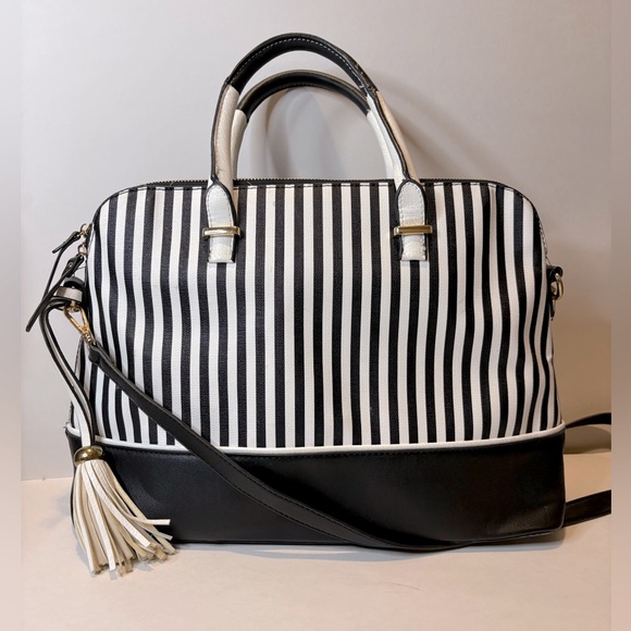 Handbags - Black and White New Striped Handbag with Tassel